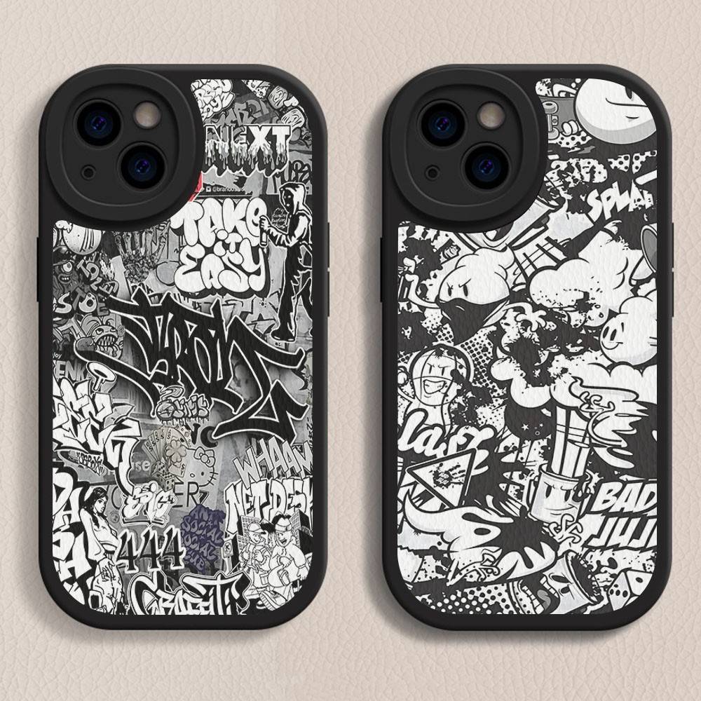 Coole Schwarze Graffiti Handyhülle Hartleder Für iPhone 16 15 14 13 12 Mini 11 14 Pro Max Xs X Xr 7 8 Plus Fundas