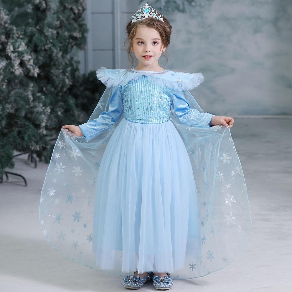 MANAMANA Princess and Costume Light Sizes and 130 cm Long Children's Dress, Tiara, Snowflake, Stick, Gloves, 4-Piece Set, Blue, Girls, 100, 110, 120,
