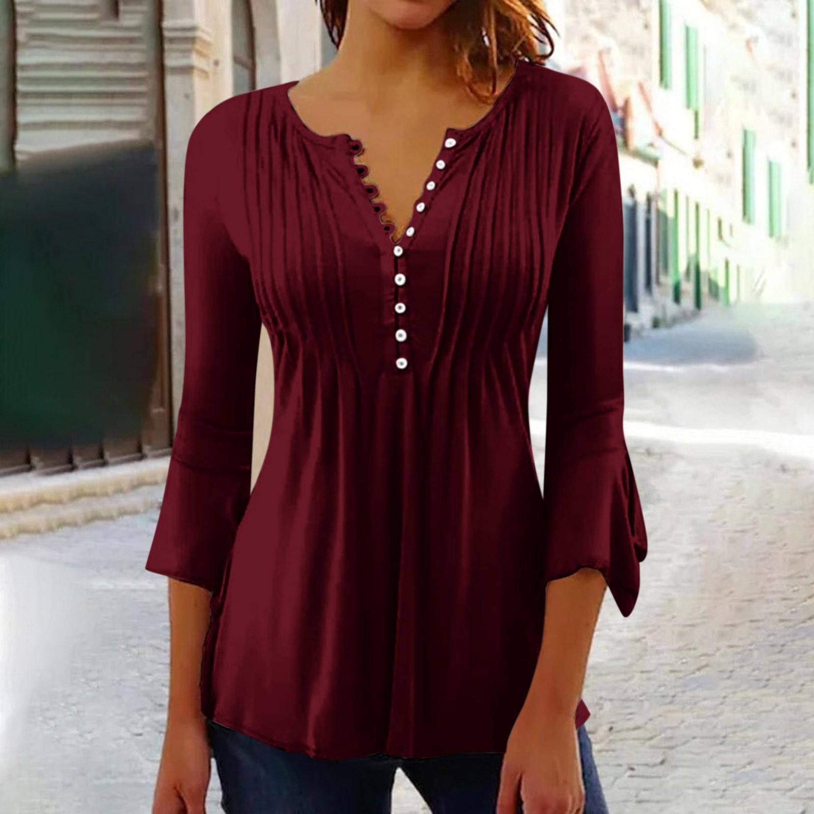 

Женские рубашки с рукавами 3/4 лепестка, футболки, блузки, повседневные базовые топы, плиссированный пуловер на пуговицах XL винный