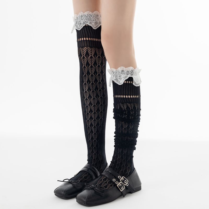 

1pair Japanese Style Milk White Girl Style Thigh Socks Sweet Lace JK Stockings Lightweight and Breathable Hollow Knee High Socks One Size чёрный