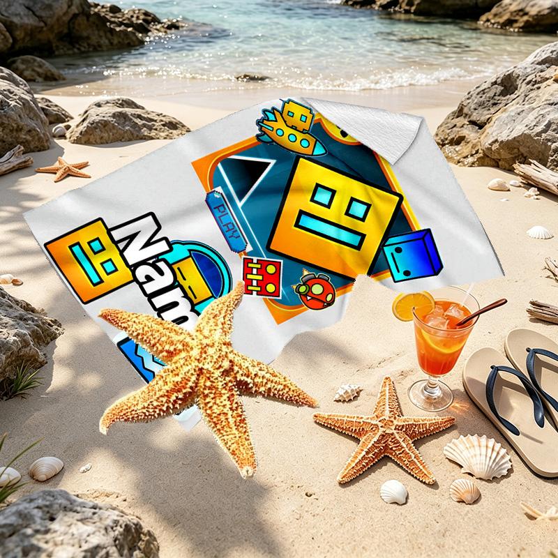 Custom Name Personalized Geometry Dash Print Beach Towel, for Trip Camping Beach Party Home Decor, Birthday Gift for Family & Friends