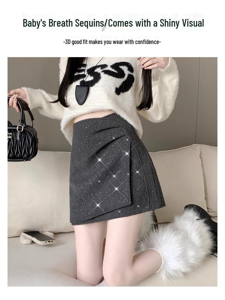 Women's High-Waisted Irregular Pleated Wool Blend A-Line Skirt with Sequins - Autumn/Winter 2025 Collection