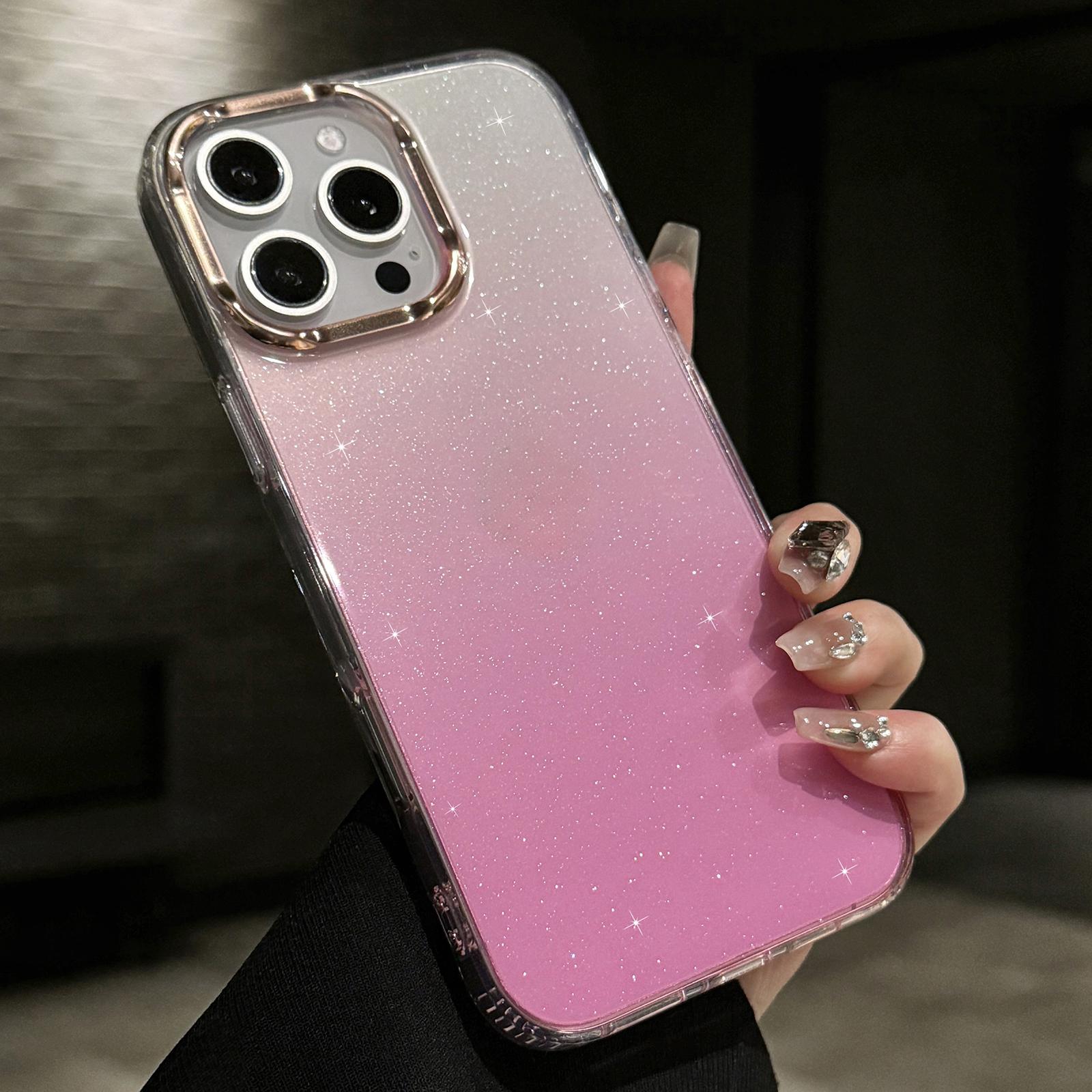 

For iPhone 16 Pro Case IMD Gradient Glitter PC+TPU Protective Phone Cover Pink