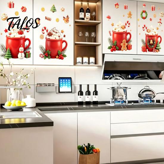 Self Adhesive Refrigerator Decor 2Pcs Christmas Hot Drinks Wall Stickers for Kitchen Cabinets, Self-Adhesive Art Holiday Gift Decor, Removable PVC Mug
