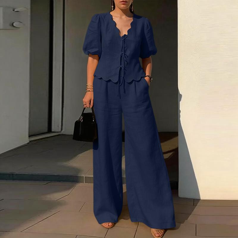 ZANZEA Damen Kurzarmbluse und Lange Hosen Sommer Zweiteilige Anzug Sets