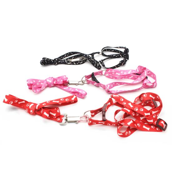Dog Cat Harness Collar Leash Fashion Bones Paws Print Safety Traction Rope