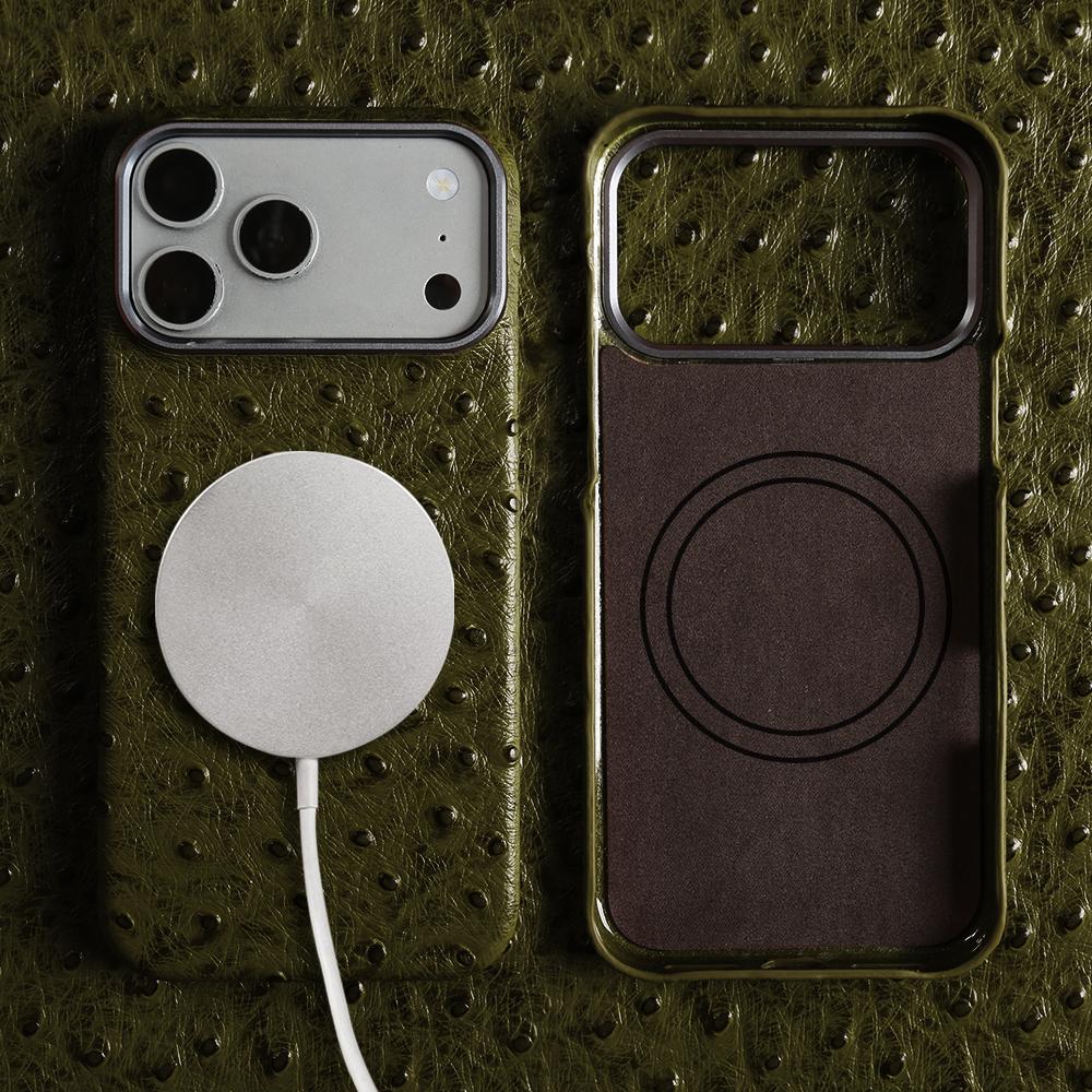 For Magsafe Ostrich Genuine Leather Case for Iphone 17 Air 16 15 14 13 Pro Max Back Cover Cases 17Pro 16Pro 15Pro Max Coque Capa