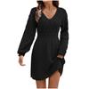 Women's Casual V-neck Hollow-out Scale Texture Solid-color Long-sleeve Sweater Dress