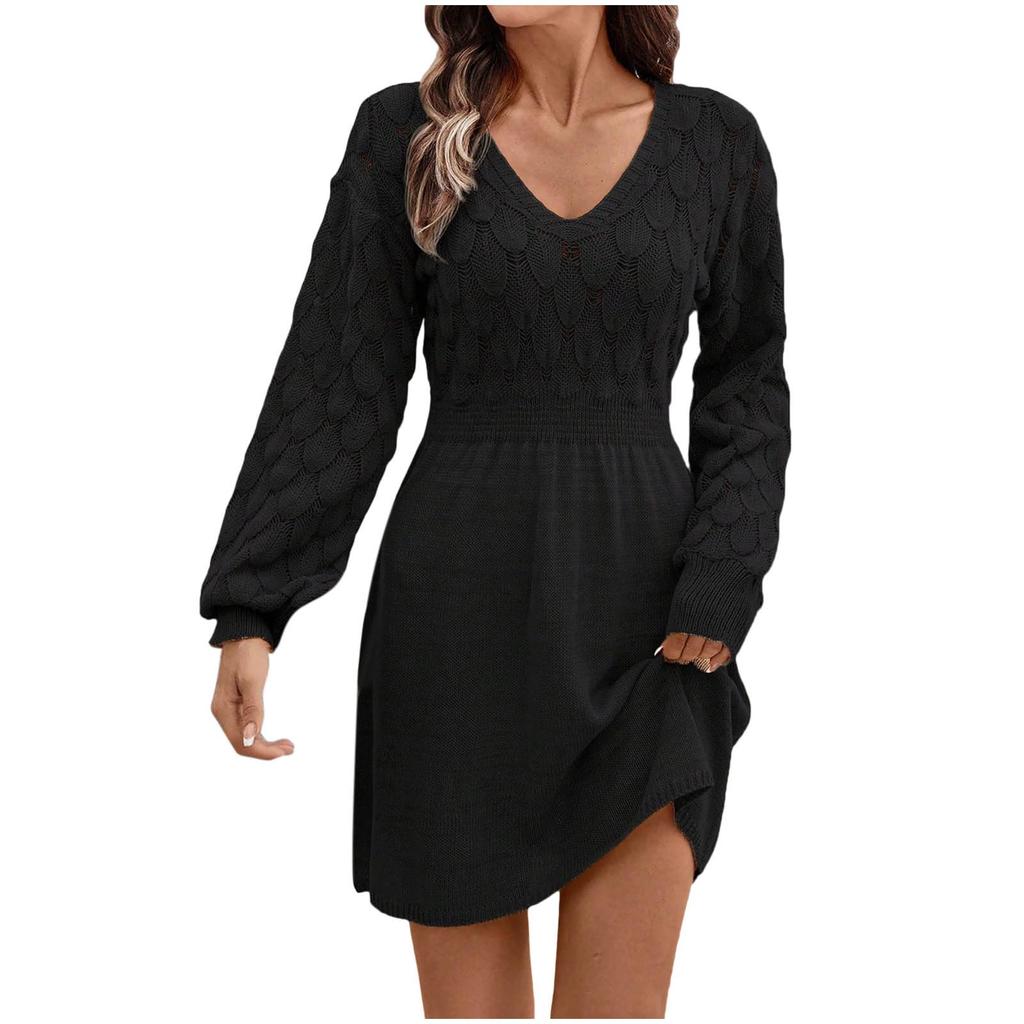 Women's Casual V-neck Hollow-out Scale Texture Solid-color Long-sleeve Sweater Dress