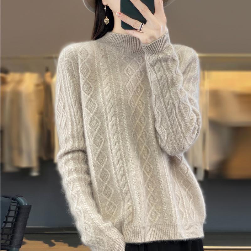 Women's Pure Wool Knitted Pullover Sweater for Autumn-Winter, Round Neck, New 23100