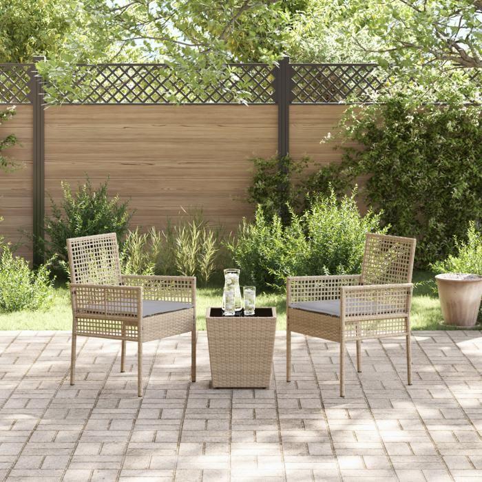 Ensemble de Bistro de Jardin 3 Pièces avec Coussins Beige en Poly Rattan 3334958