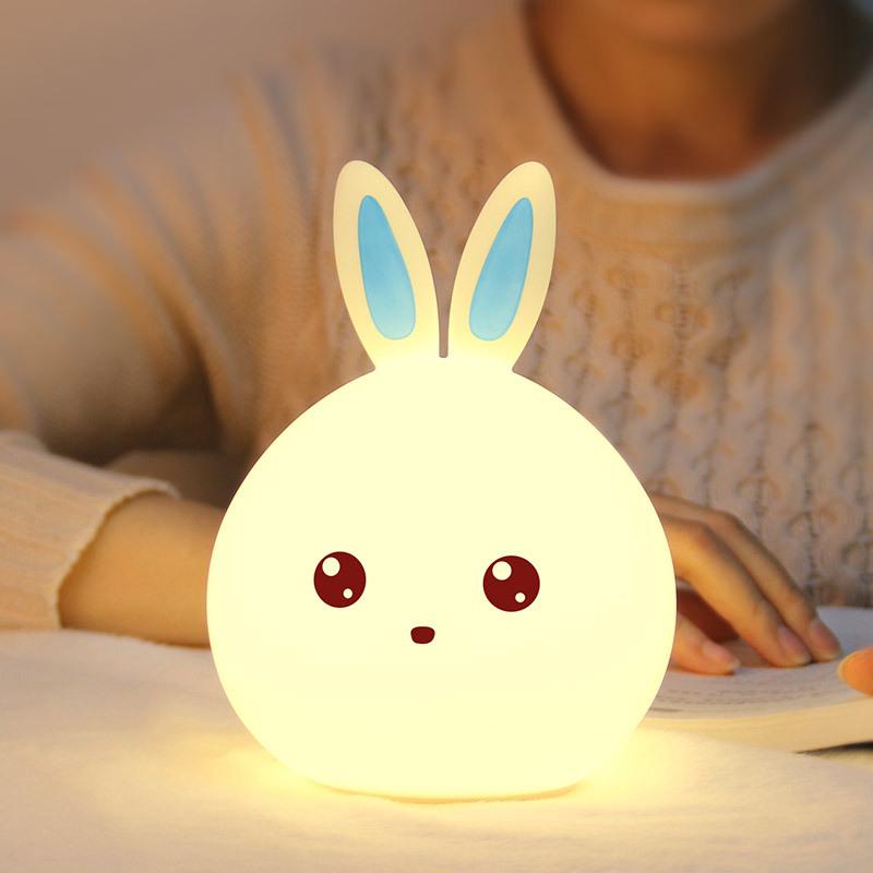 Silicone LED Night Light, Cute Rabbit Nursery Lamp, Tap Control 7-Color Breathing Light for Children, USB Rechargeable