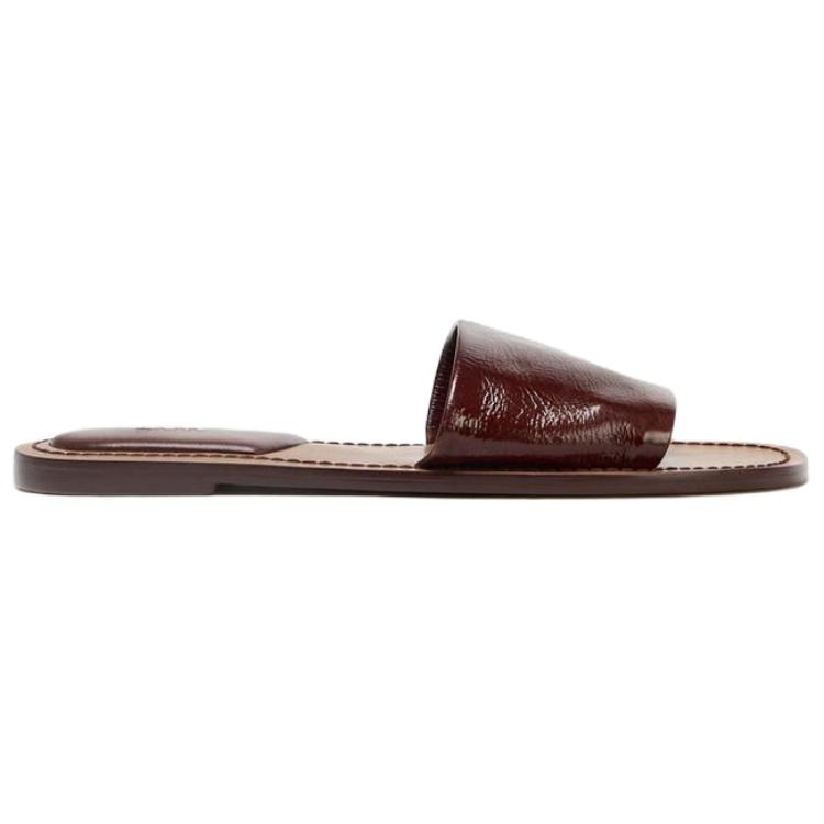 Zara Slip-On Open-Back Soft Leather Slide Sandals Women Footwear Dark-Brown Yellow 3612610709