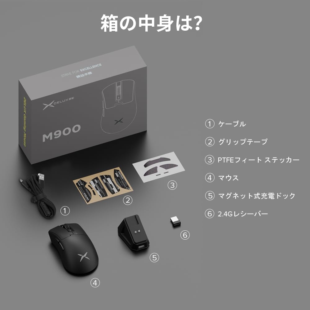 DELUX M900 Wireless Gaming Mouse, 63g Lightweight, for Large Players, PAW3311 Sensor 12000 DPI, Magnetic Charging Base, 1000Hz Polling Rate, Huano