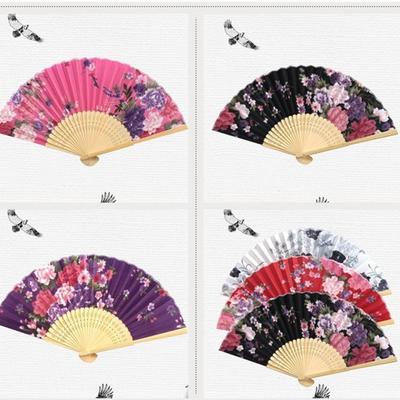 Flower Pattern Chinese Folding Fan Silk Material Silk Fan Art Craft Vintage Fan Home Decoration