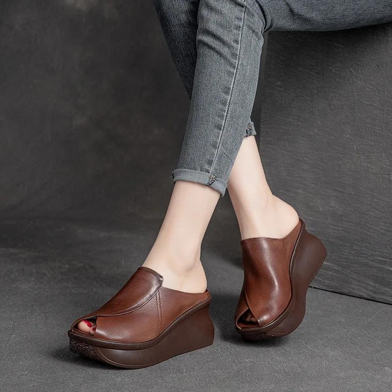 Fashion 7CM Wedges Heel Slippers Women Summer Slip On Fish Mouth Cow Genuine Leather Slippers Height Increasing Platform Casual Slides