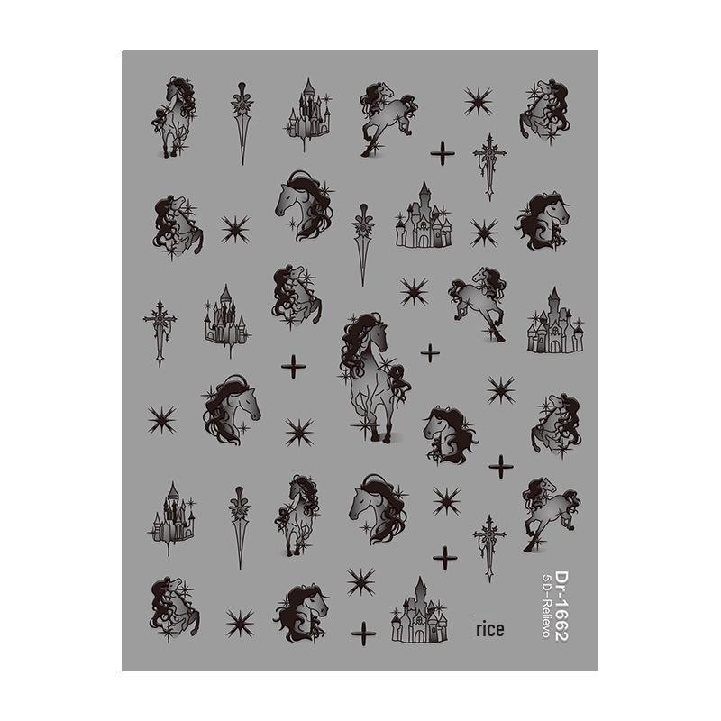 Redanco 5D Cartoon Nail Stickers: Black & White Galloping Horse 3D Decals (DR1662)