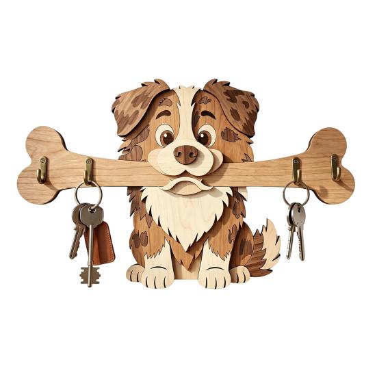 Portachiavi in Legno da Parete, Gancio per Ingresso a Forma di Cane che Tiene un Osso per Casa, Cucina, Corridoio, Organizer Rustico per Chiavi, Guinzaglio per Cani