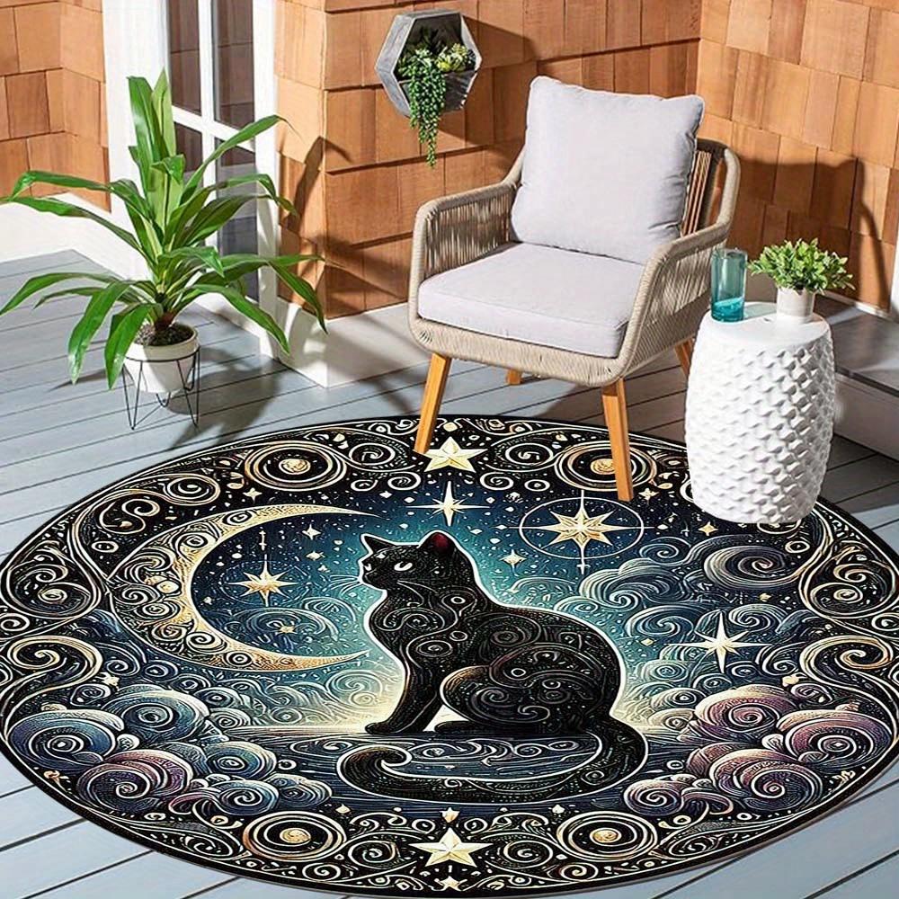 1 Piece Mystical Moon Black Cat Tent Footprint Outdoor Round Carpet Floor Mat Doorway Decorative Carpet Outdoor Patio Camping Carpet Living Room