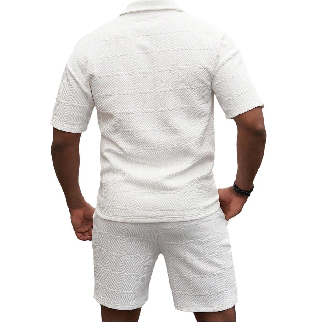 Men'S Solid Color Casual Collar Short Sleeved Shorts Two-Piece Set