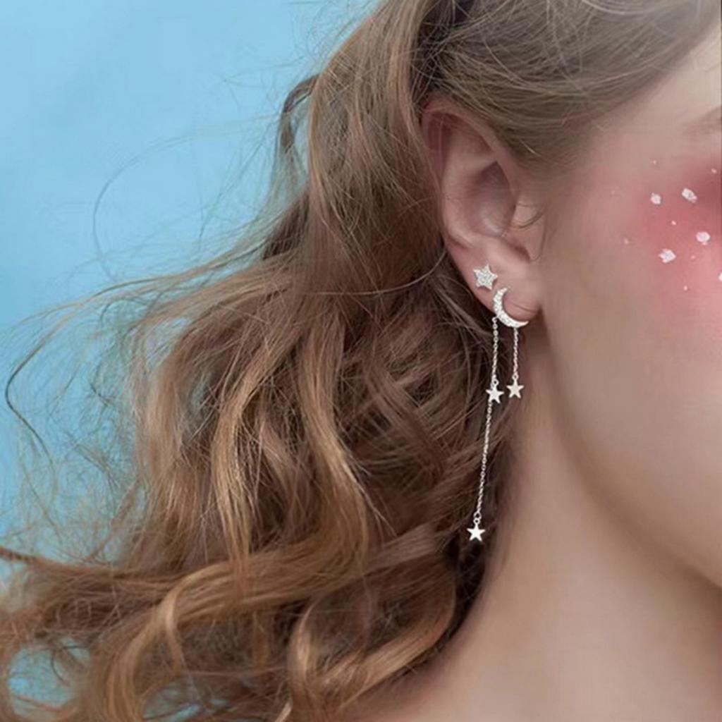Exquisite Zircon Star Moon Tassel Asymmetric Drop Earrings For Women Men Fashion Elegant Star Chain Fringe Earring Party Jewelry