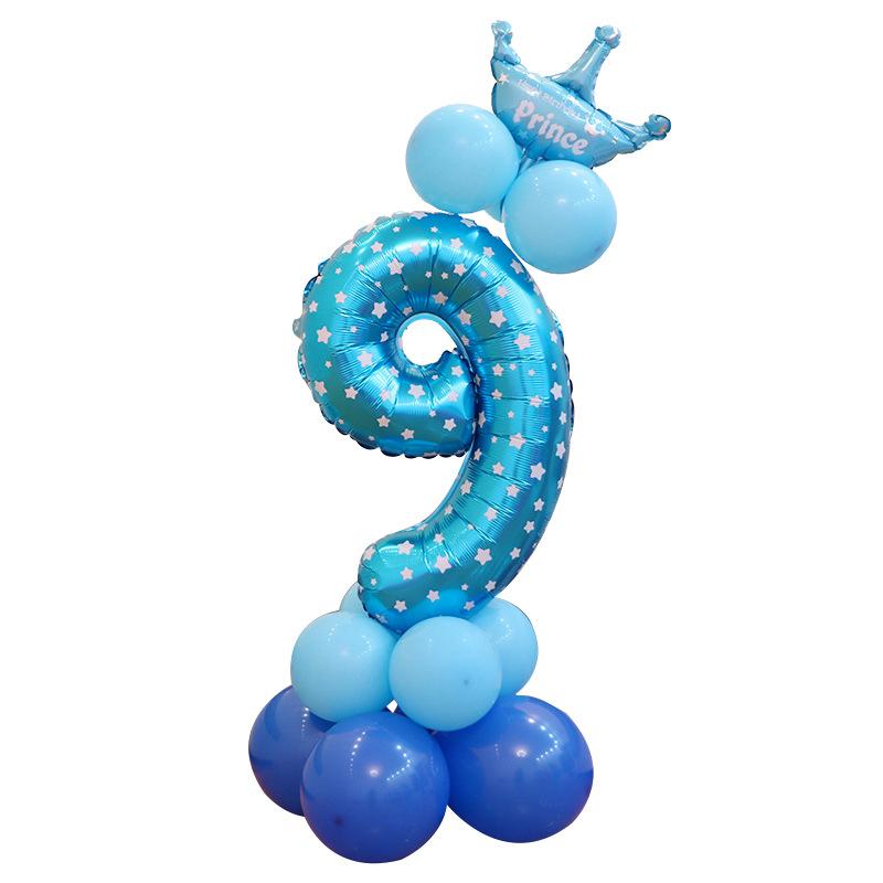 

0-9 День рождения Цифровая колонна из воздушных шаров Аранжировка на первый год жизни ребенка, Полный месяц Ребенок Дорожка из воздушных шаров Украшение для вечеринки Корона Алюминиевая пленка 32 inch printed blue digital column 9
