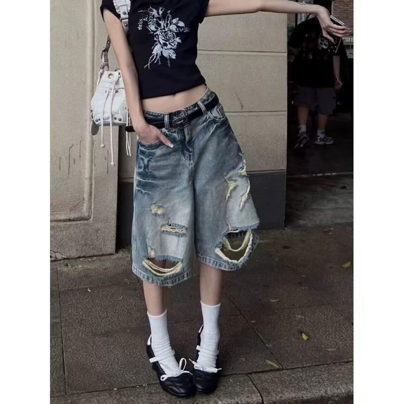 Women's Distressed Washed Denim Capris Loose Wide-Leg Ripped Mid-Length Jeans