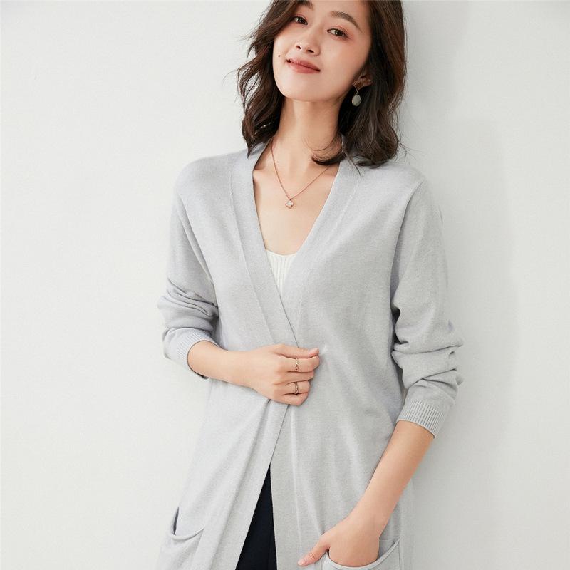 Women's Knee-Length Knit Cardigan Coat - Solid Color Long Sleeve Autumn/Winter Sweater