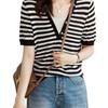Women's Fake Two-Piece Ice Silk Knitted Top Elegant Stylish Short-Sleeve V-Neck Striped Solid Color T-Shirt