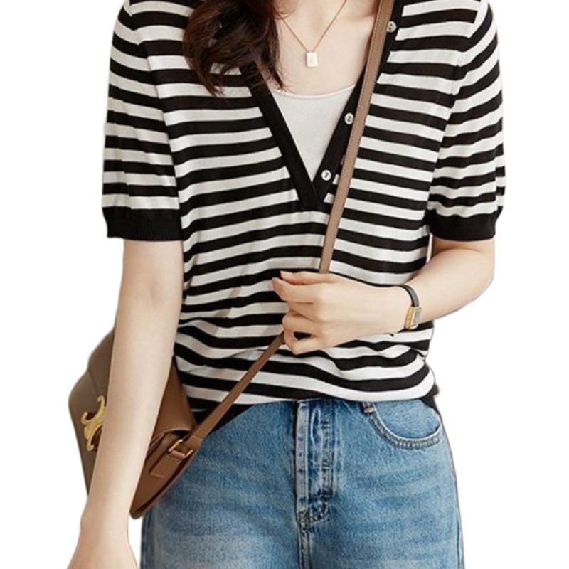 Women's Fake Two-Piece Ice Silk Knitted Top Elegant Stylish Short-Sleeve V-Neck Striped Solid Color T-Shirt