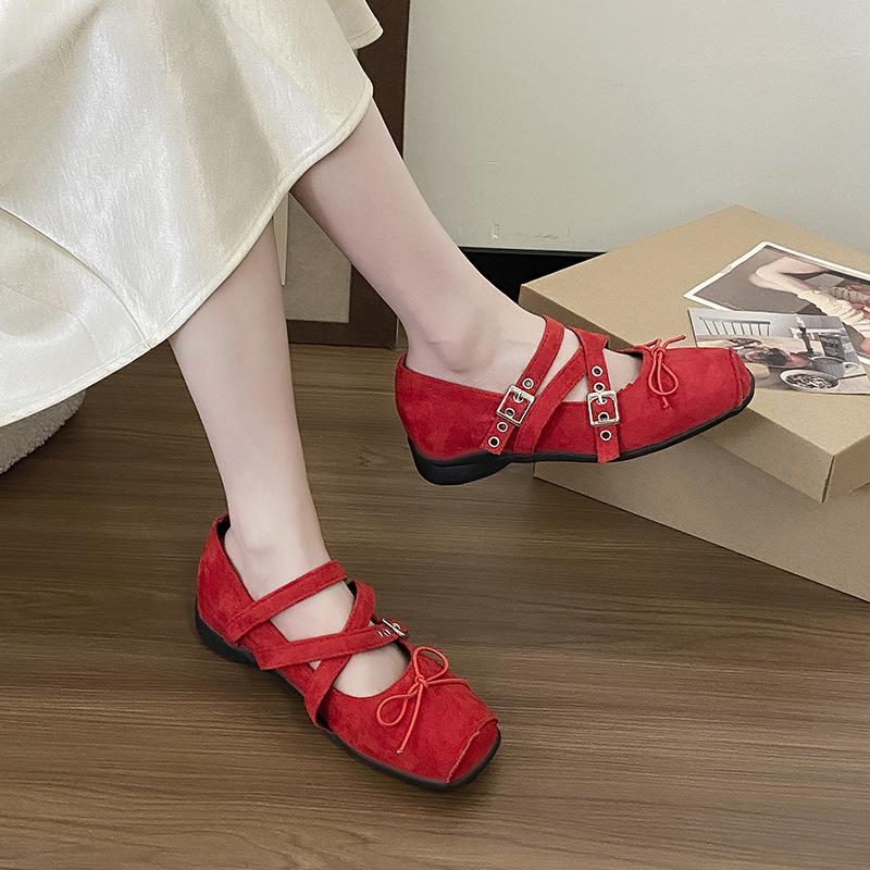 Buckle Small Leather Shoes French 2025 Vintage Spring Black Light Mouth Heightening Square Head Cross Ballet Single Shoes Women
