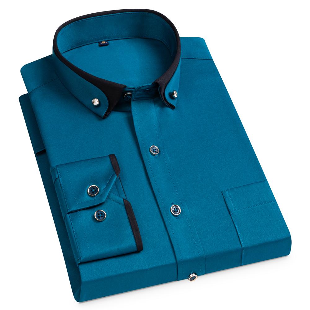 Men's Diamond Buttons & Contrast Collar Dress Shirt with Chest Pocket Long Sleeve Stretch Smooth Wrinkle-Free Easy Care Shirts
