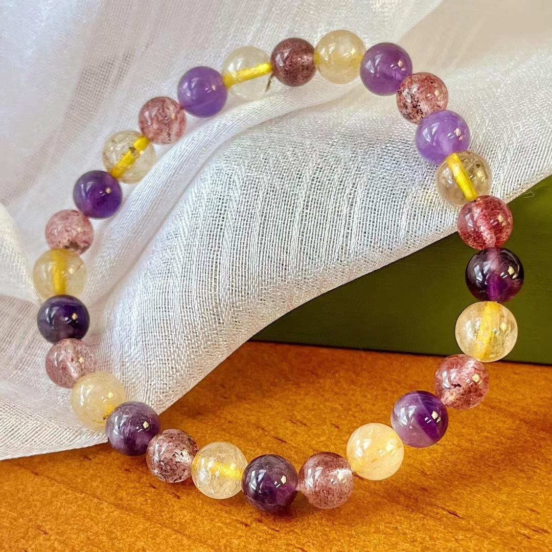 Retro Natural Crystal Wholesale Natural Color Duobao Bracelet Single Ring Bracelet Golden Hair Crystal Amethyst Strawberry