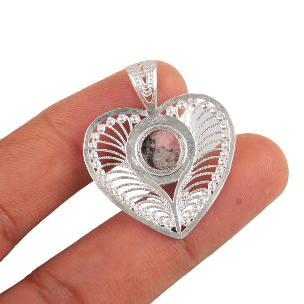 Seltenes schwarzes Rhodonit Edelstein 925 Sterlingsilber Schmuck Handgefertigter Anhänger 1,4" CP-15-31