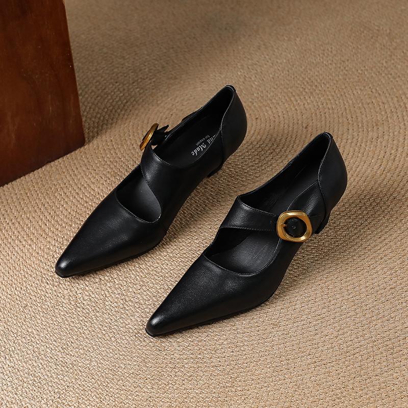 Fashion 2025 New Genuine Leather Women Pumps Shallow Mary Jeans Strap Single Shoes 5cm Square High Heels Black Prom Party Sapatos Mujer