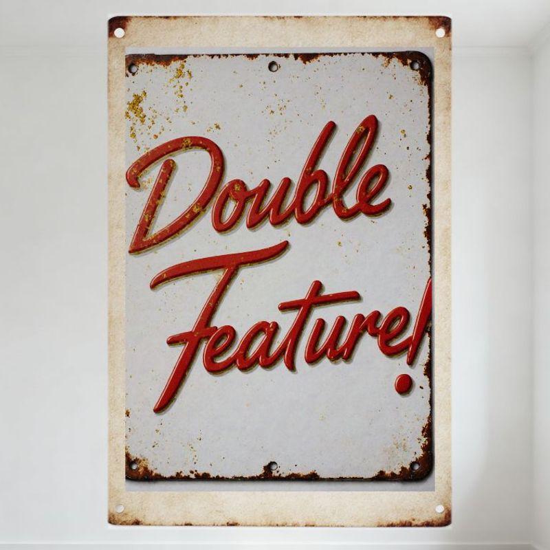 Vintage Double Feature Movie Theater Metal Sign - Rust Patches, Mounting Holes, Retro Movie Decor for Bar/Pub/Cafe Wall Art 8x12