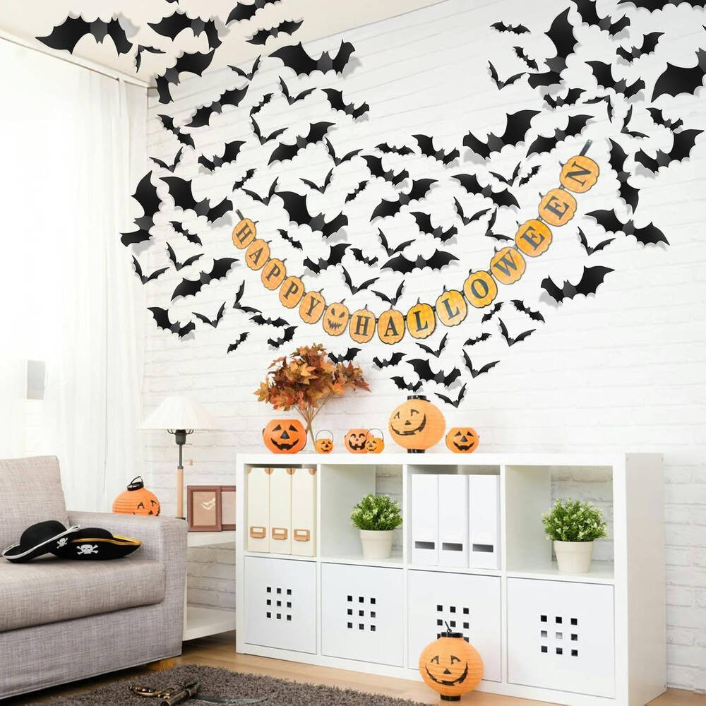 140 Pieces PVC 3D Black Scary Bat Stickers Creepy Home Decor Halloween DIY For Walls And Windows