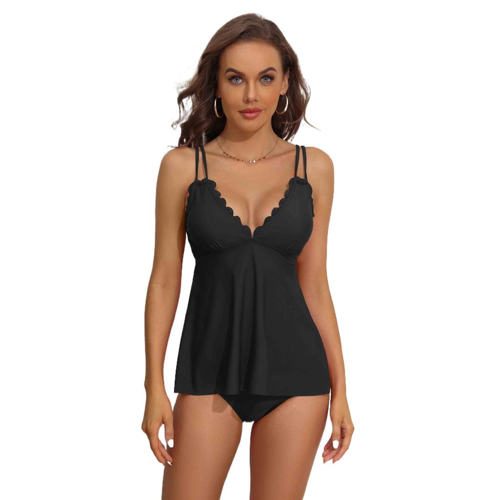 CHARMLEAKS Tankini-Set für Damen, einfarbig, Bademode, Schwimmsets, Spaghettiträger, V-Ausschnitt, gebogene Webkante, Badeanzug
