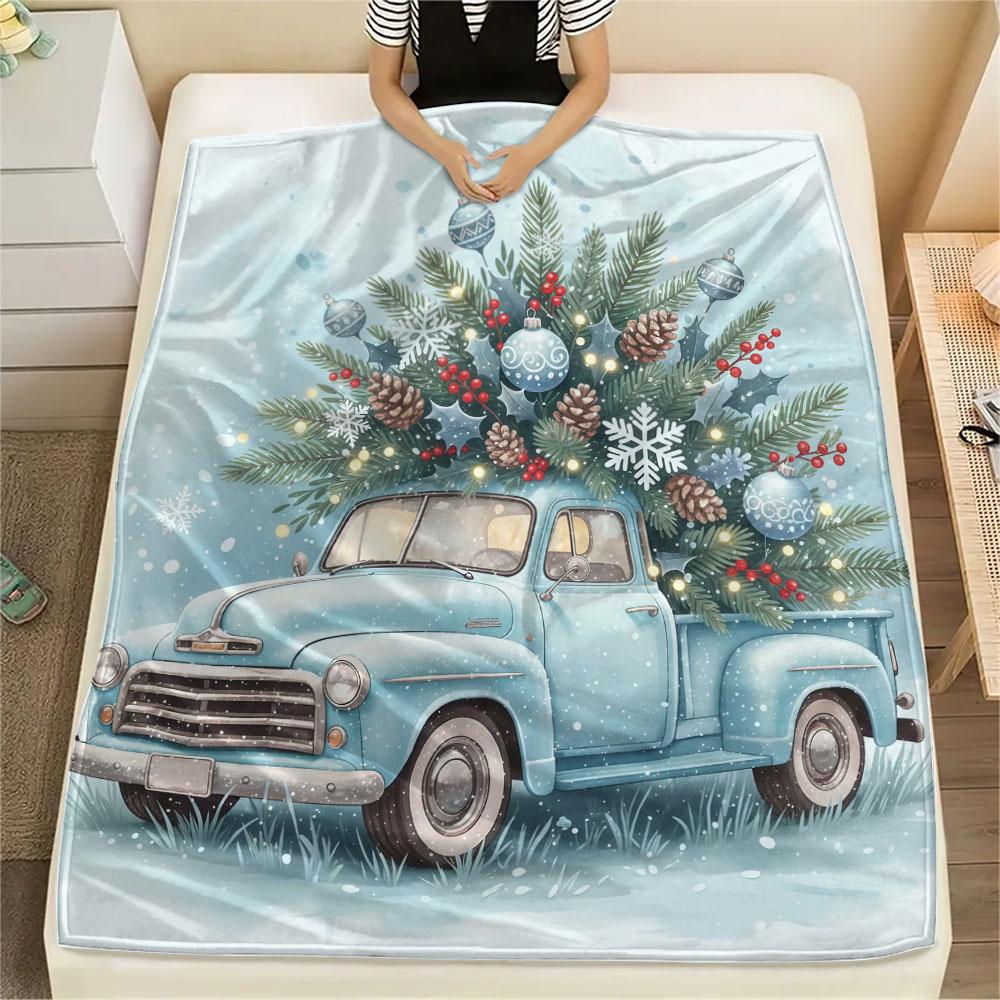 1Pc Seasons truck Print Flannel Blanket, High quality Comfortable for All Seasons, Home Decor, Warmth and Comfort, Perfect for Christmas Gifts