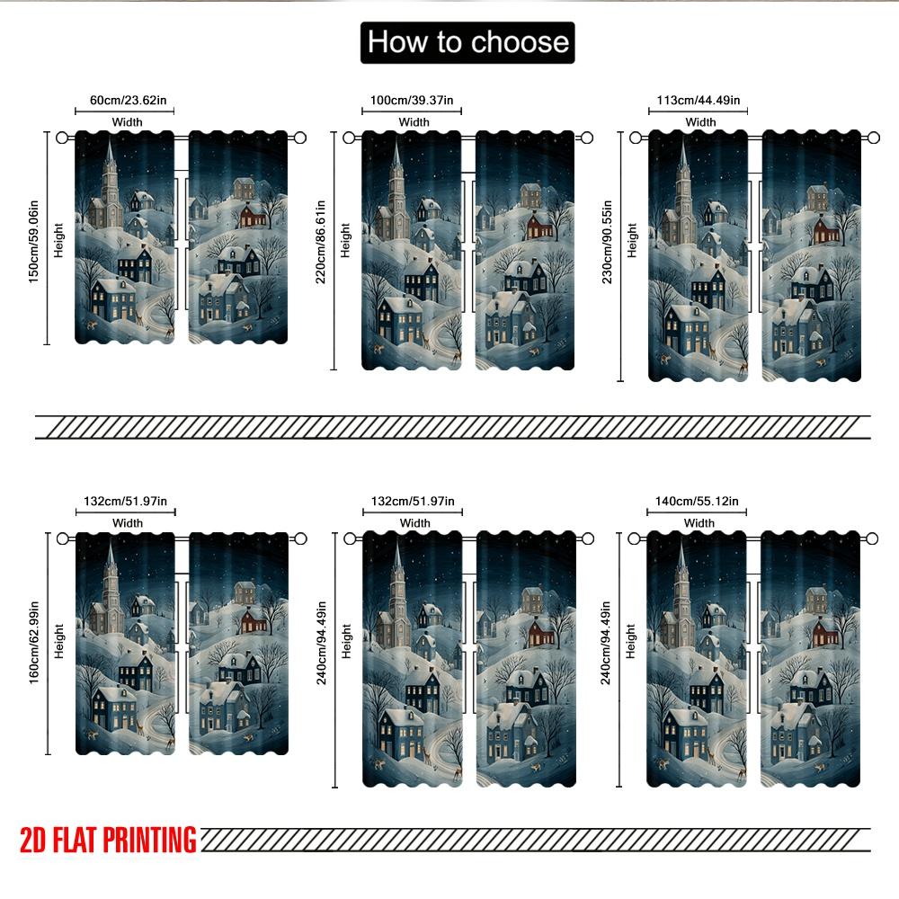 2pcs 2D Flat Printing Christmas Classic Hot Curtains Cozy Winter Village Snowscape Digital Printed Polyester Drapes Family Party
