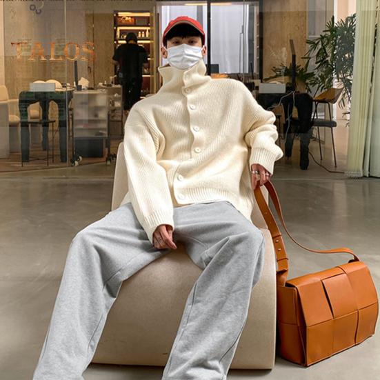 Fall Winter Men Sweater Cardigan High Collar Neck Protection Knit Thick Elastic Long Sleeves Loose Warm Solid Color Knitwear Daily Wear Sweater Coat