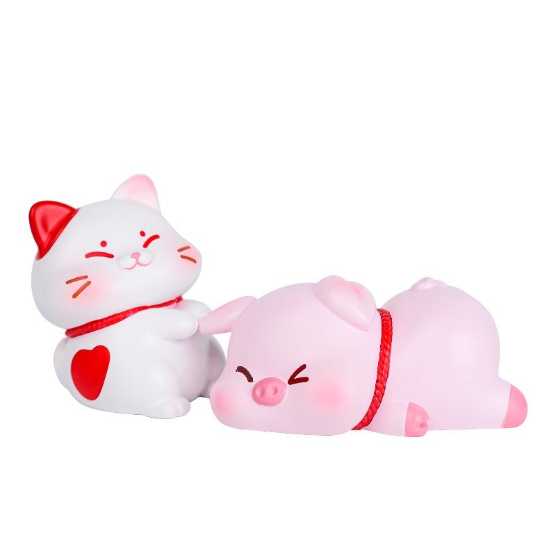 Cute Cat and Little Lucky Pig Figurines, Couple Resin Ornaments, Desktop Decorations, Girls' Gifts
