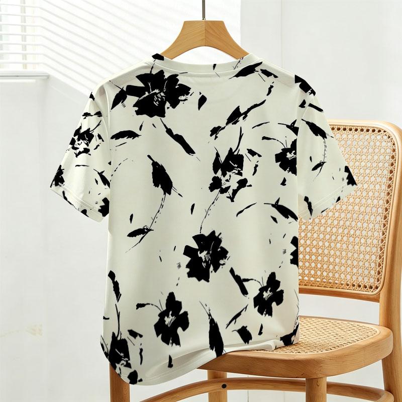 Women's Short Sleeve T-Shirt, American Basic Floral Top Soft & Breathable, Perfect for Summer Daily Casual Outings