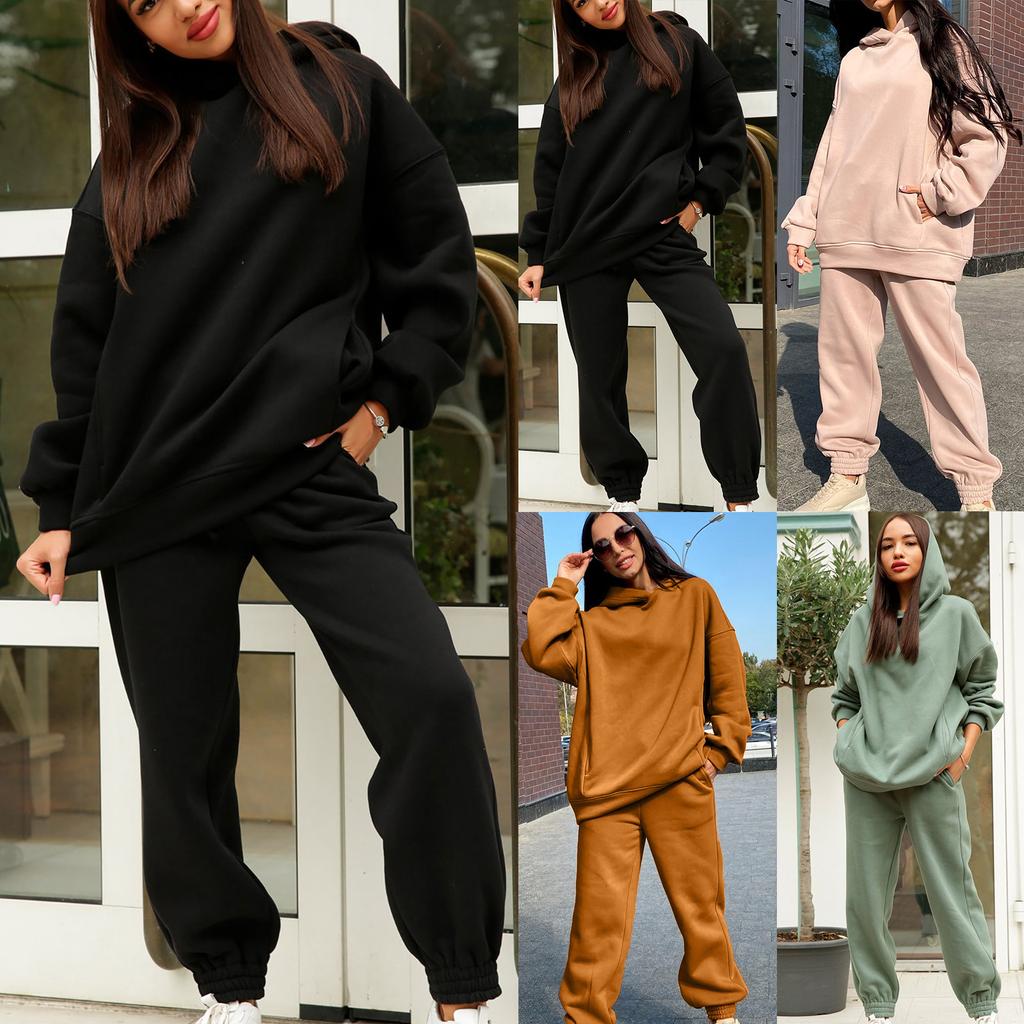 Women's Autumn/Winter Solid Colour Sweatshirt Hooded Fashion Long Sleeve Two Piece Set
