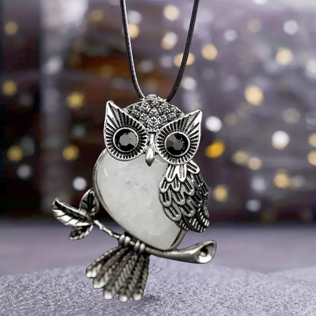 1pc JXMYBA Artificial Crystal Owl Pendant Necklace, Amethyst Rose Quartz Faux Gemstone Lucky Jewelry, Women'S Handmade Stone Pendant with Artificial F