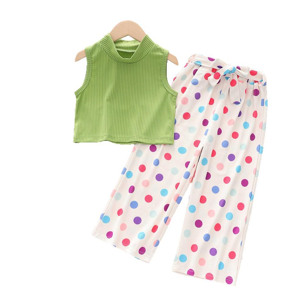 Hong Kong Style Girls' Polka Dot Straight-Leg Pants & Sleeveless Crop Top Set