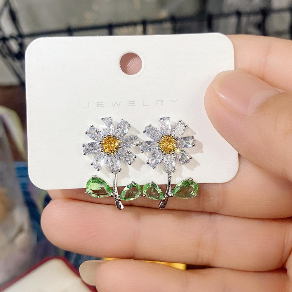 Huitan Creative Flower Stud Earrings for Women Paved Colored Cubic Zirconia Silver Color Exquisite Ear Accessories New