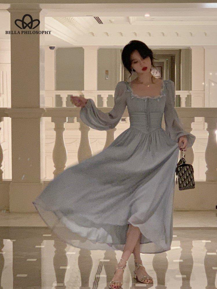 

Женское элегантное платье миди с фиолетовым принтом и квадратным воротником, женское кружевное праздничное пляжное платье с длинными рукавами, тонкое вечернее платье L синий