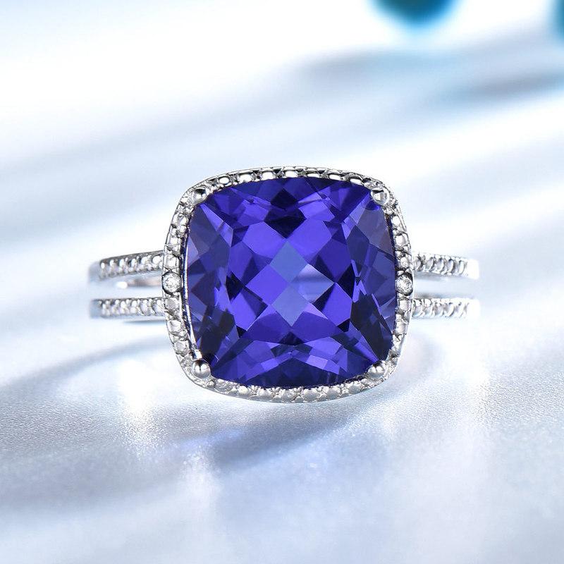 925 Sterling Silver Rings Princess Cut Created Nano Tanzanite Blue Square Gemstone Party Wedding Fine Jewelry Christmas Gift