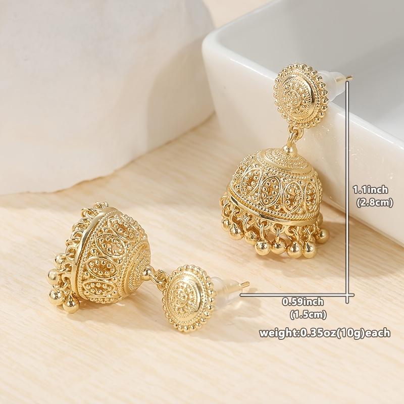 Pair of Vintage Brass Golden-Plated Earrings, Handmade Bohemian Style Bell and Bead Pendant Earrings for Daily Wear and Parties, Christmas Accessory|B